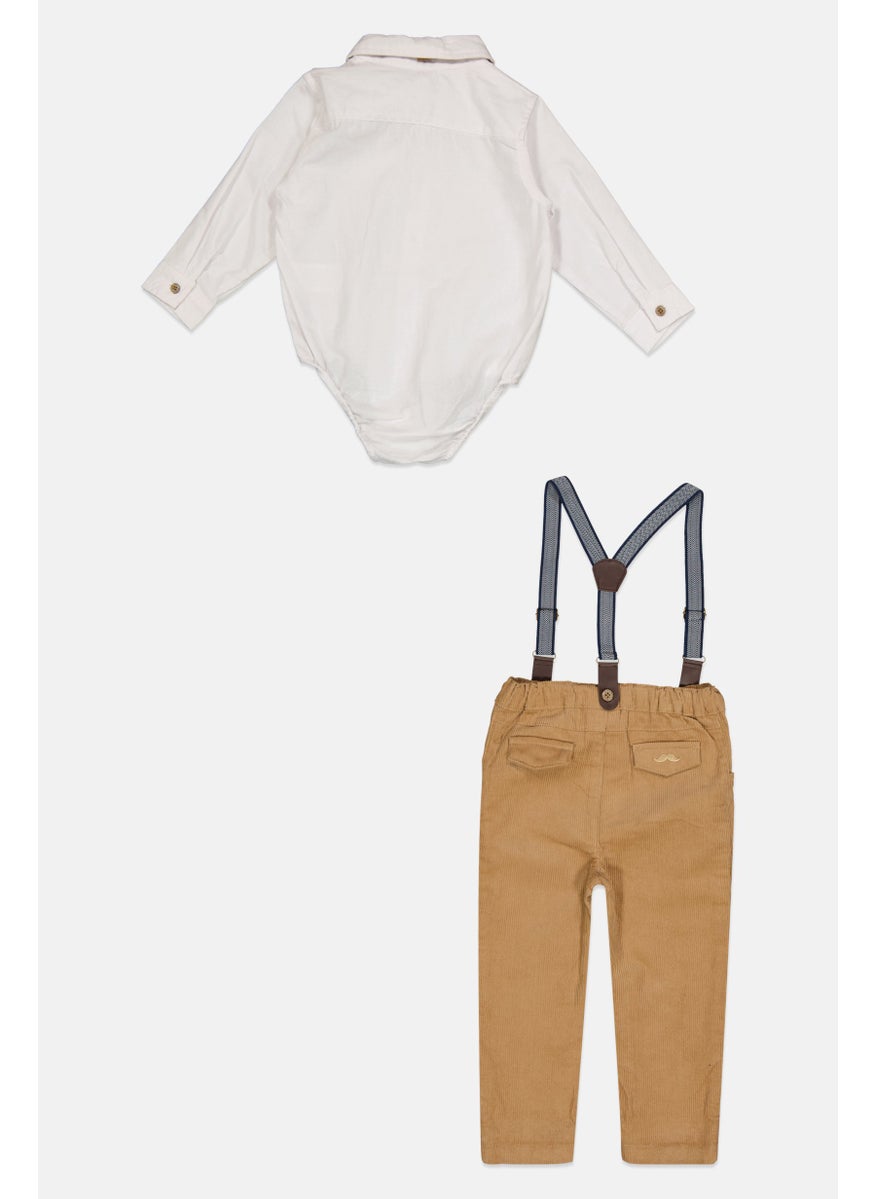 Little Gent Toddlers Boy 3 Piece Solid Shirt And Trousers With Bowtie Set, Tan  - Image 2