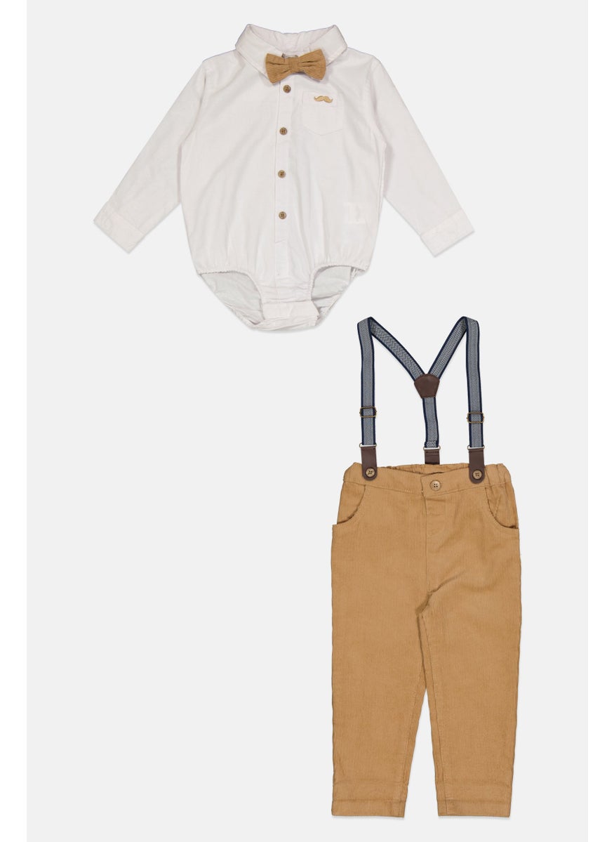 Little Gent Toddlers Boy 3 Piece Solid Shirt And Trousers With Bowtie Set, Tan  - Image 3