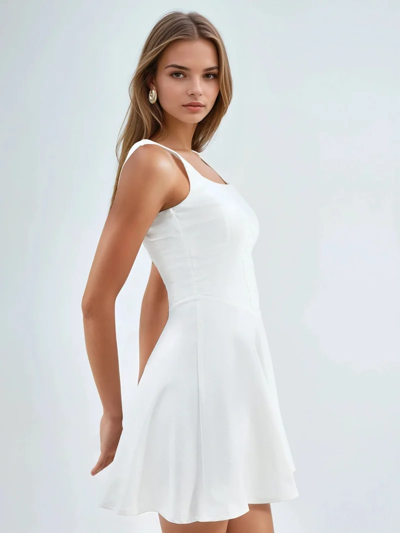 Hiccup White Square Collar A-Line Mini Dress for Women | Best Price UAE