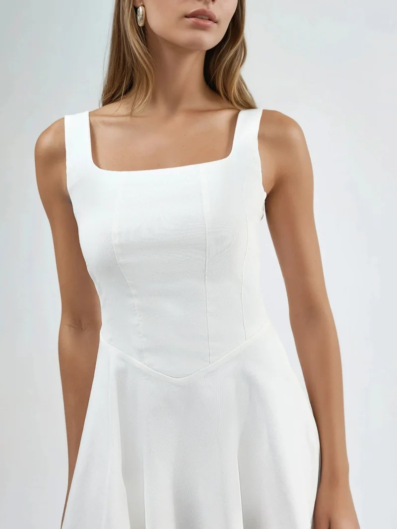 Hiccup White Square Collar A-Line Mini Dress for Women | Best Price UAE