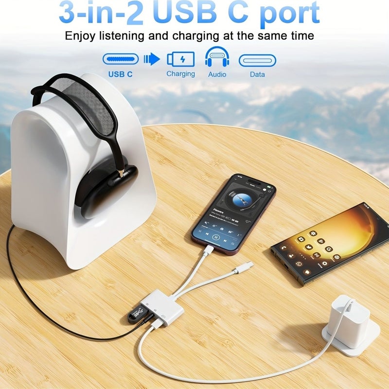 محوّل من Type C إلى 3.5 ملم للصوت لجهاز iPhone iPad 15Pro أبيض بمنفذين مزدوجين - Image 3
