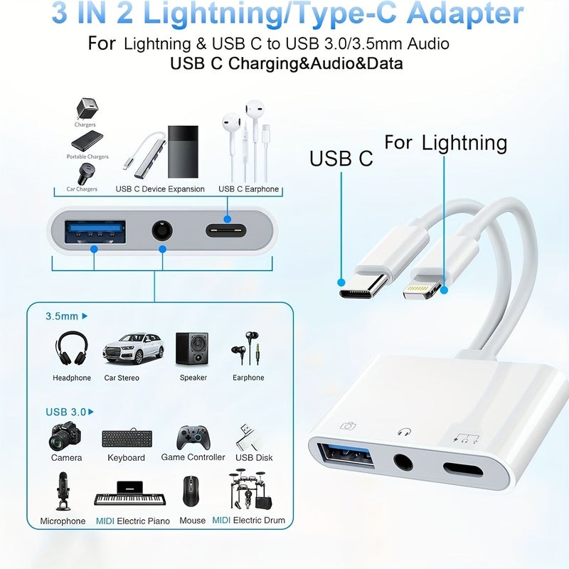 محوّل من Type C إلى 3.5 ملم للصوت لجهاز iPhone iPad 15Pro أبيض بمنفذين مزدوجين - Image 4