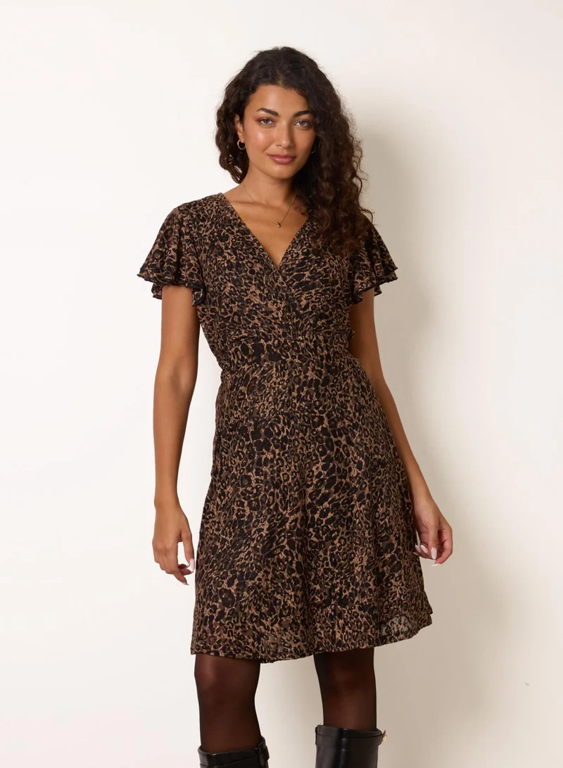 بلو فانيلا Leopard Print Lace Frill Sleeve Wrap Mini Dress