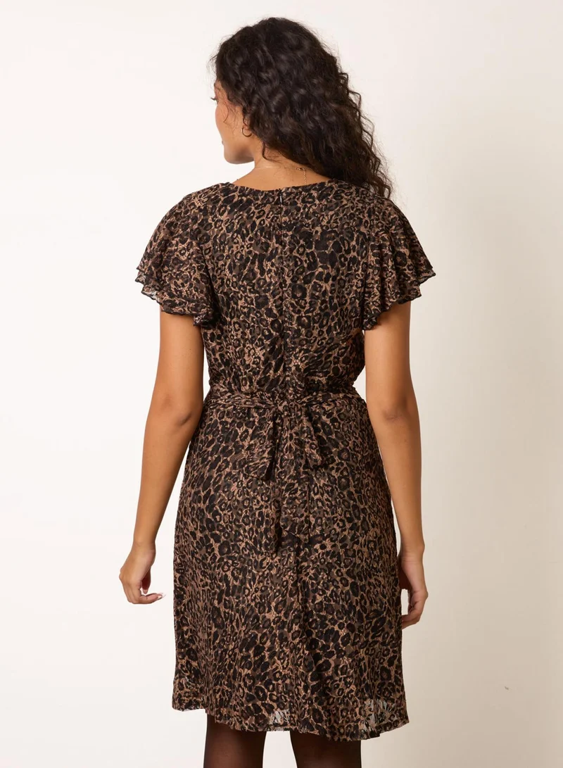 بلو فانيلا Leopard Print Lace Frill Sleeve Wrap Mini Dress