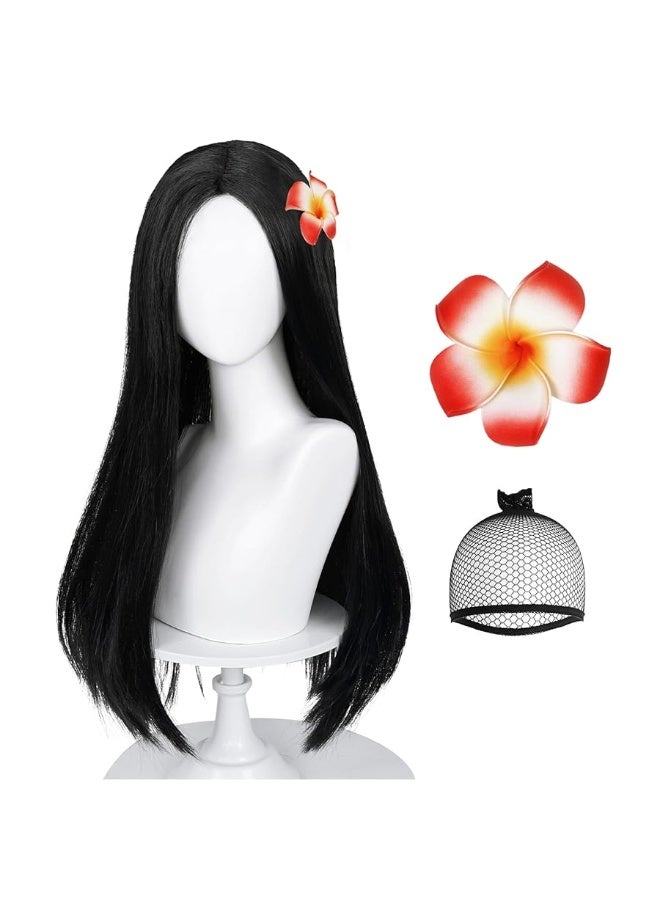 Half and Half Long Straight Black Kids Wig with Flower Hair Clip, Wigs for Girls Kids Toddler Cosplay Synthetic Hair + Hair Net for Halloween Party Daily Costumes - Image 2