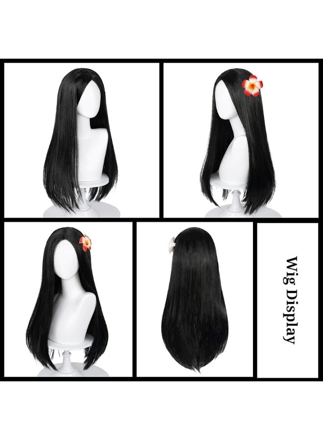 Half and Half Long Straight Black Kids Wig with Flower Hair Clip, Wigs for Girls Kids Toddler Cosplay Synthetic Hair + Hair Net for Halloween Party Daily Costumes - Image 3