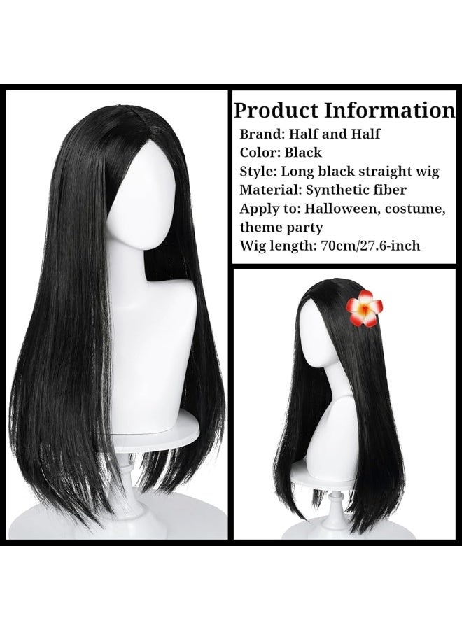 Half and Half Long Straight Black Kids Wig with Flower Hair Clip, Wigs for Girls Kids Toddler Cosplay Synthetic Hair + Hair Net for Halloween Party Daily Costumes - Image 1
