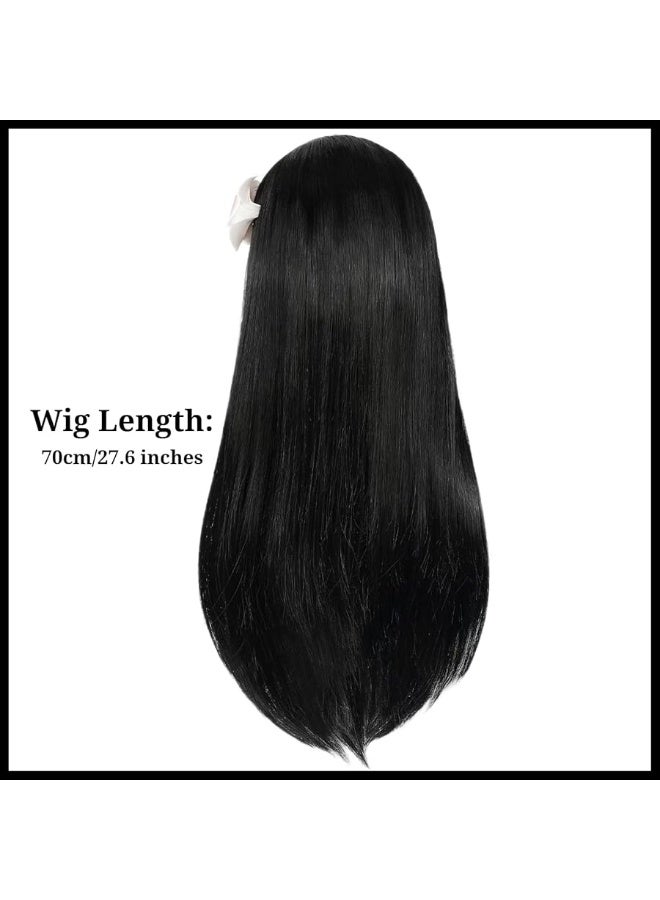 Half and Half Long Straight Black Kids Wig with Flower Hair Clip, Wigs for Girls Kids Toddler Cosplay Synthetic Hair + Hair Net for Halloween Party Daily Costumes - Image 4