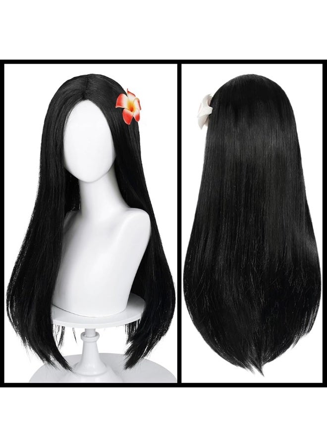 Half and Half Long Straight Black Kids Wig with Flower Hair Clip, Wigs for Girls Kids Toddler Cosplay Synthetic Hair + Hair Net for Halloween Party Daily Costumes - Image 5