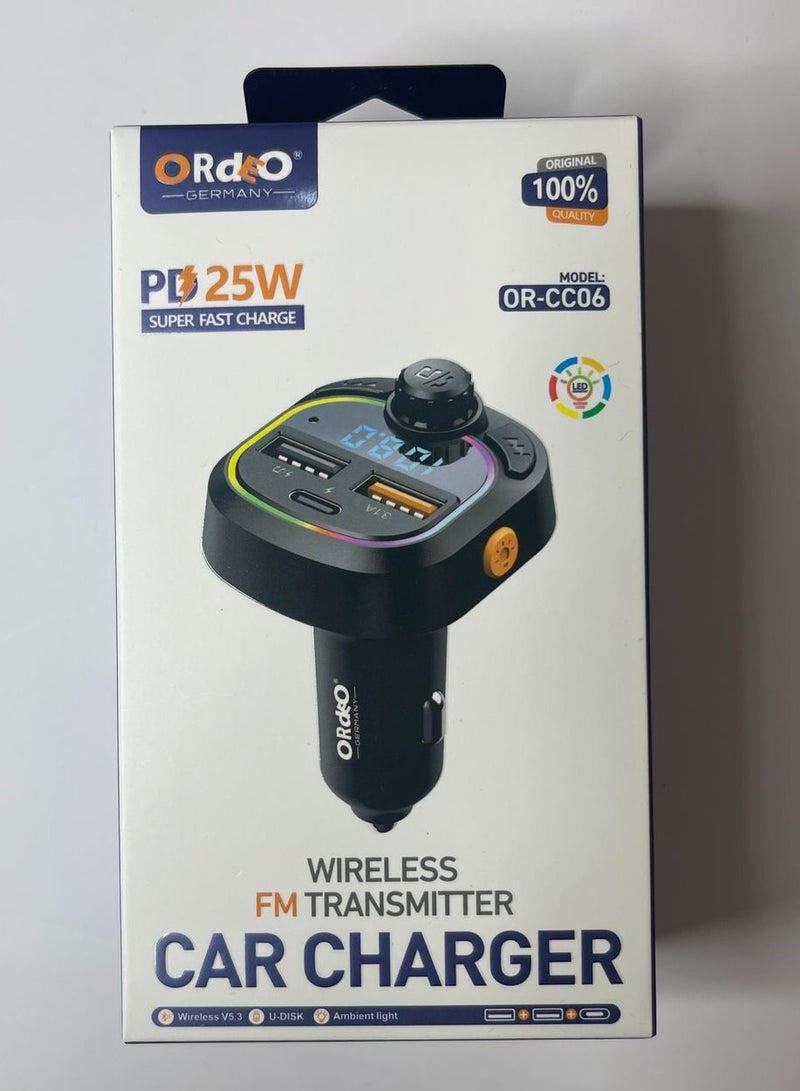 ORDEO OR-CC06 Wireless FM Transmitter Car Charger – PD 25W Super Fast Charge, USB-C, USB-A & U-Disk Support, Bluetooth V5.3, LED Display & 7-Colour Ambient Light - Image 4