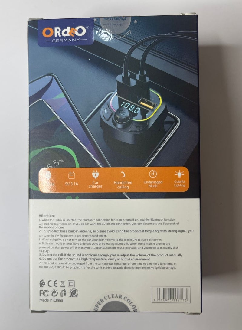 ORDEO OR-CC06 Wireless FM Transmitter Car Charger – PD 25W Super Fast Charge, USB-C, USB-A & U-Disk Support, Bluetooth V5.3, LED Display & 7-Colour Ambient Light - Image 5