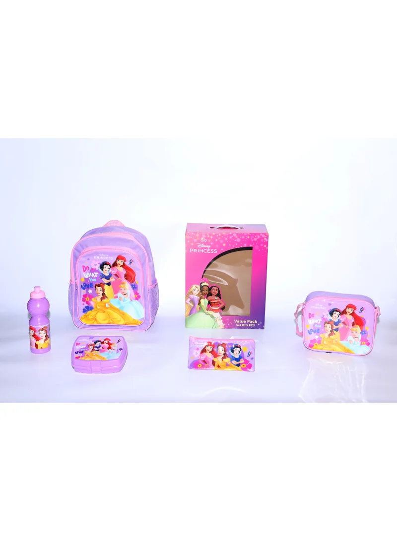 Disney Princess 5 in 1 Value Pack (14" Backpack with Lunch Box, Lunch bag, Water Bottle and Pencil Case)