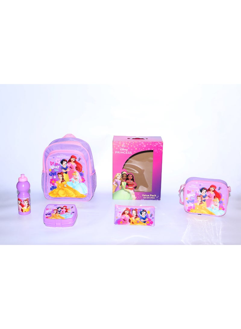Disney Princess 5 in 1 Value Pack (14" Backpack with Lunch Box, Lunch bag, Water Bottle and Pencil Case)