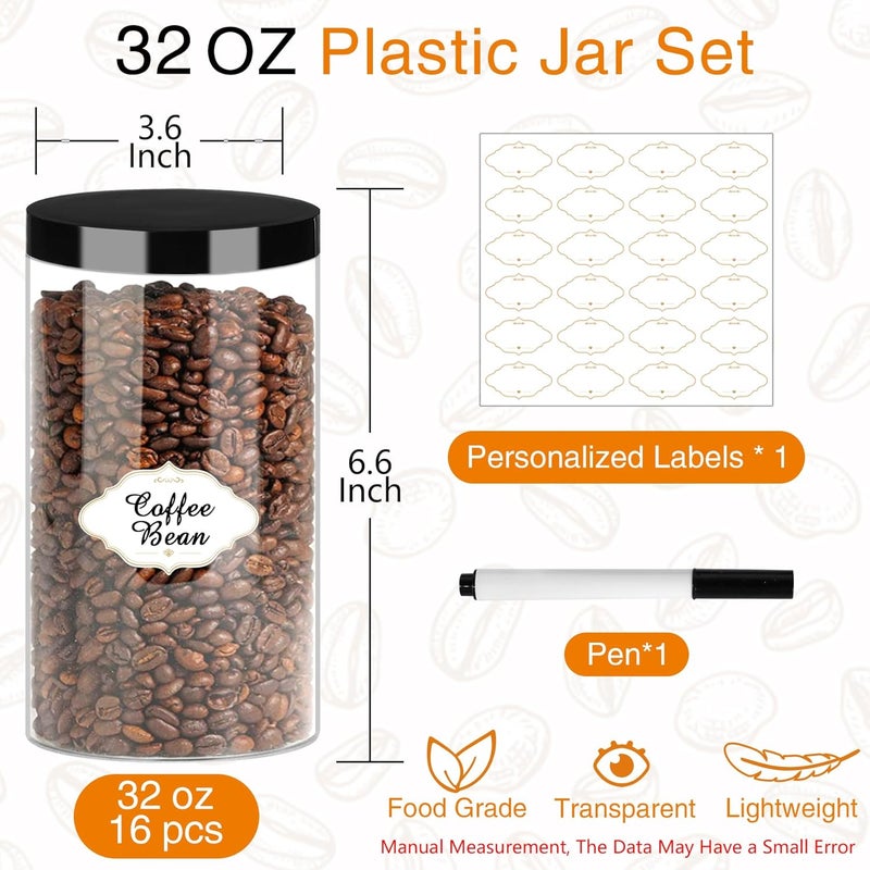 PeacePeo Plastic Jars with Lids, 16 Pcs 32 OZ Large Plastic Storage Jars with Black Leakproof Lids Cylinder Plastic Storage Container Jar Reusable Clear Empty Jars for Home and Kitchen Organizing - Image 2