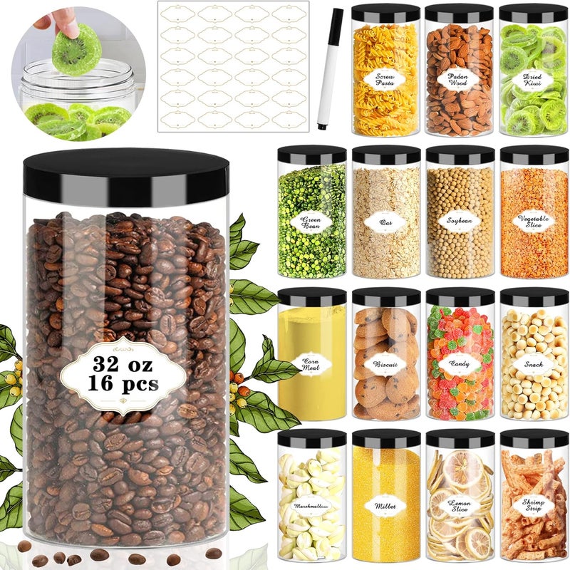 PeacePeo Plastic Jars with Lids, 16 Pcs 32 OZ Large Plastic Storage Jars with Black Leakproof Lids Cylinder Plastic Storage Container Jar Reusable Clear Empty Jars for Home and Kitchen Organizing - Image 1