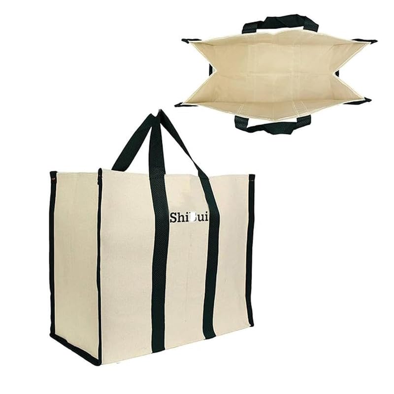 SHIBUI Large Reusable Canvas Grocery Bag Heavy Duty Shopping Tote with Reinforced Handles & Bottom Insert, Foldable Washable Eco-Friendly Jhola Bag for Fruits & Vegetables. (Black, Single Piece) - Image 4
