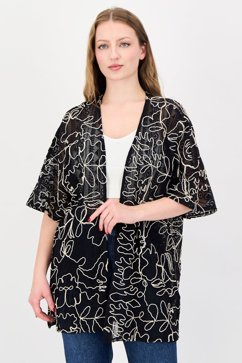 bebe Women Open Front Embroidered Short Sleeve Top, Multicolor - Image 1