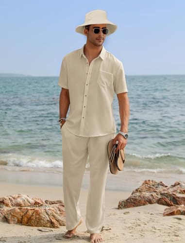 EISHOPEER Men's 2 Pieces Linen Set Button Down Shirts and Loose Pants Wide Leg Baggy Beach Yoga Outfits Light Khaki 3X-Large - Image 2