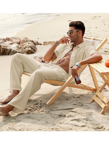EISHOPEER Men's 2 Pieces Linen Set Button Down Shirts and Loose Pants Wide Leg Baggy Beach Yoga Outfits Light Khaki 3X-Large - Image 5
