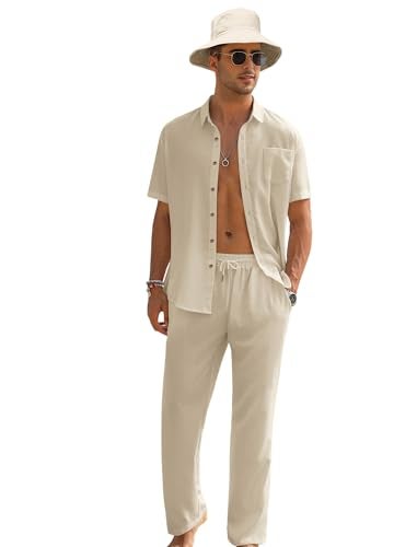 EISHOPEER Men's 2 Pieces Linen Set Button Down Shirts and Loose Pants Wide Leg Baggy Beach Yoga Outfits Light Khaki 3X-Large - Image 1
