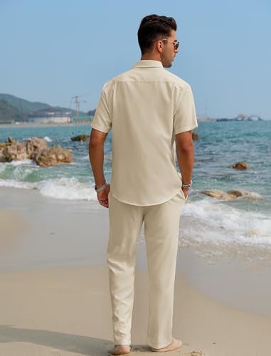 EISHOPEER Men's 2 Pieces Linen Set Button Down Shirts and Loose Pants Wide Leg Baggy Beach Yoga Outfits Light Khaki 3X-Large - Image 4