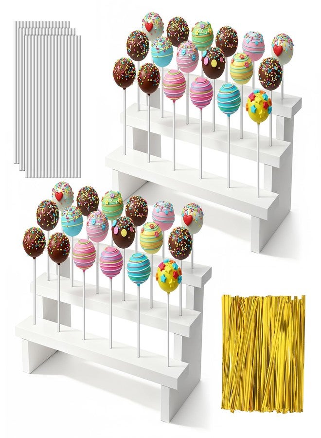 Xosjska 2Pcs Wood Cake Pop Stand 3 Tier Wood Lollipop Holder 17 Hole Sucker Display Riser with Lollipop Sticks & Gold Twist Ties for Dessert Table of Wedding Baby Shower Birthday Party - Image 1