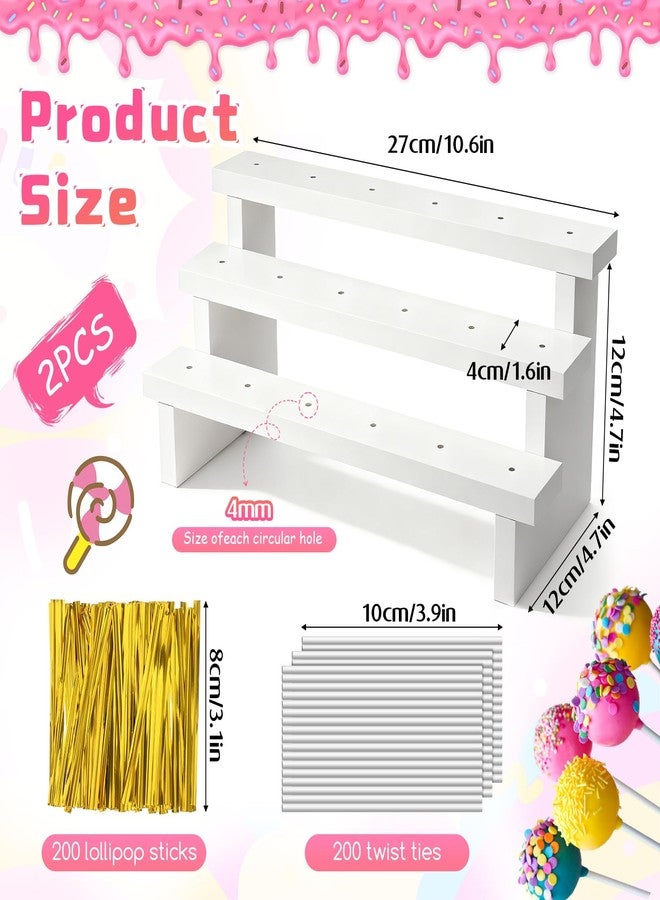 Xosjska 2Pcs Wood Cake Pop Stand 3 Tier Wood Lollipop Holder 17 Hole Sucker Display Riser with Lollipop Sticks & Gold Twist Ties for Dessert Table of Wedding Baby Shower Birthday Party - Image 2