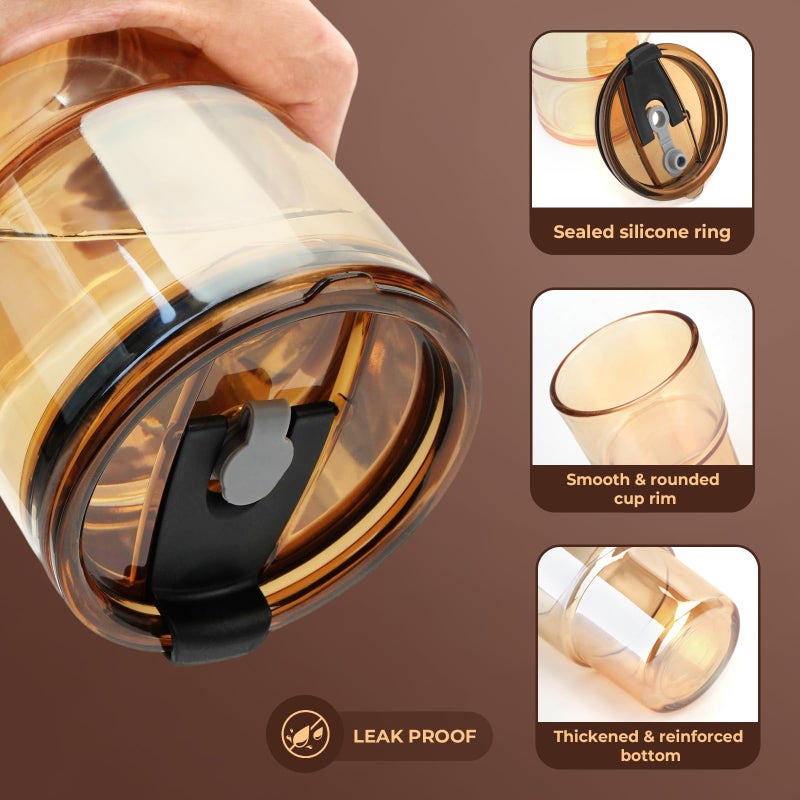 Zukro 13 oz Glass Iced Coffee Cups with Lid and Straw, Leak Proof Glass Tumbler for Ice Tea, Water, Non-Slip Silicone Bottom, Thick Wall Drinking Glasses for Home/Office, BPA Free, Amber 2 Pack - Image 3