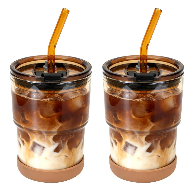 Zukro 13 oz Glass Iced Coffee Cups with Lid and Straw, Leak Proof Glass Tumbler for Ice Tea, Water, Non-Slip Silicone Bottom, Thick Wall Drinking Glasses for Home/Office, BPA Free, Amber 2 Pack - Image 1