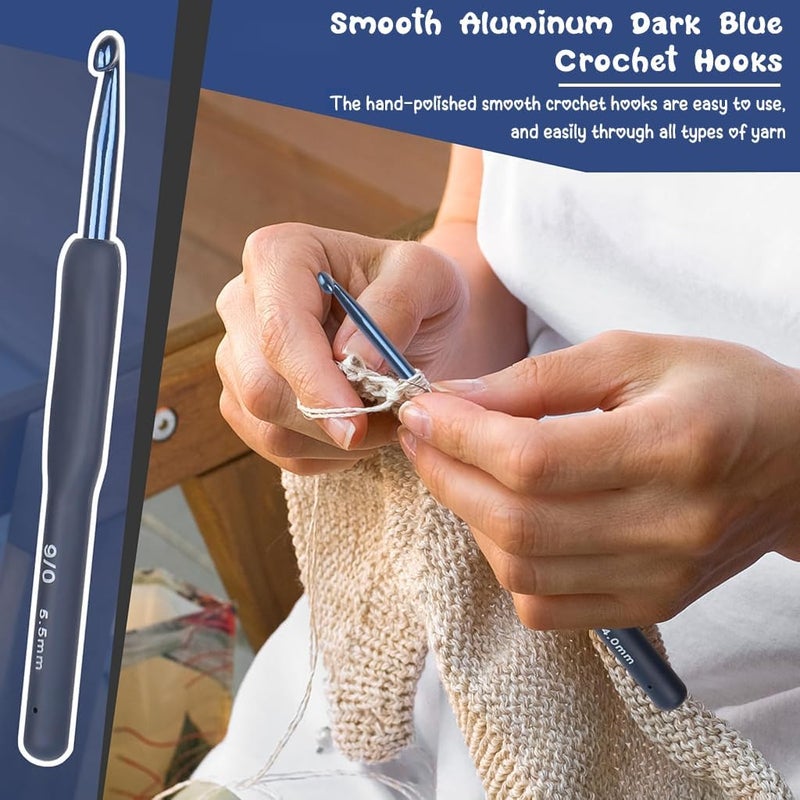 Dodhar 9 Pcs Ergonomic Crochet Hook Set Dark Blue Aluminium Crochet Hooks Set Crochet Kit with Soft Grip Handles Sizes from 20Mm to 65Mm Suitable for Different Skill Levels - Image 2