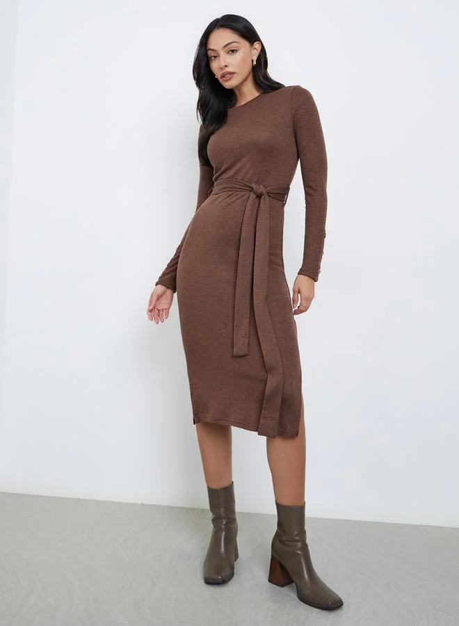 Styli Styli Brown Knit Midi Dress with Tie Belt