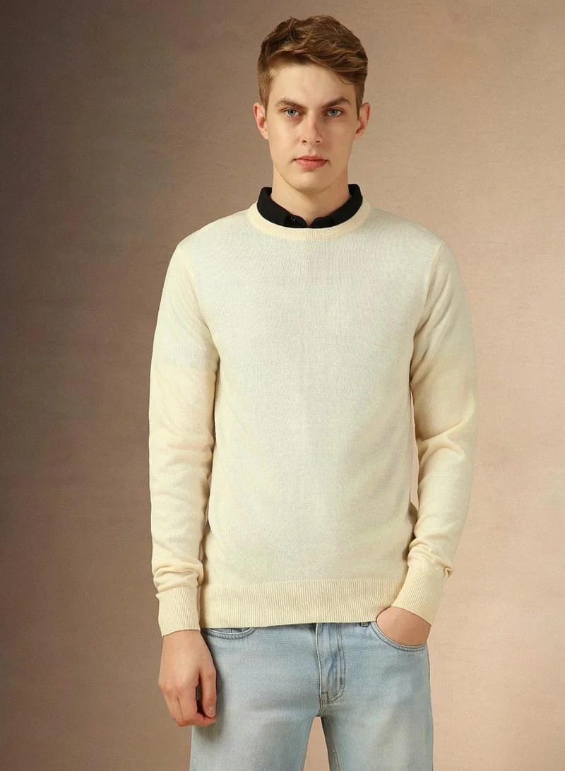 دينيس لينغو Men's Off White 100% Acrylic Solid Regular Fit Sweater