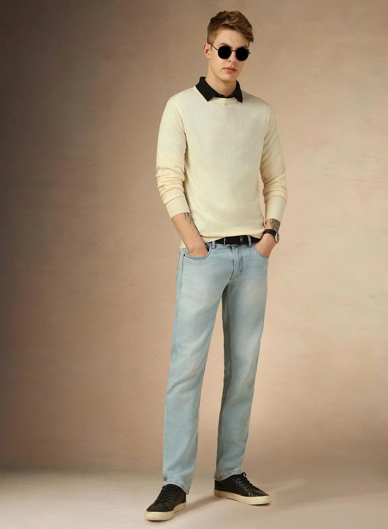 دينيس لينغو Men's Off White 100% Acrylic Solid Regular Fit Sweater