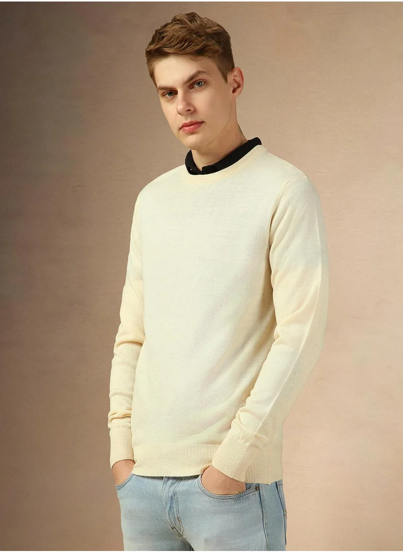 دينيس لينغو Men's Off White 100% Acrylic Solid Regular Fit Sweater