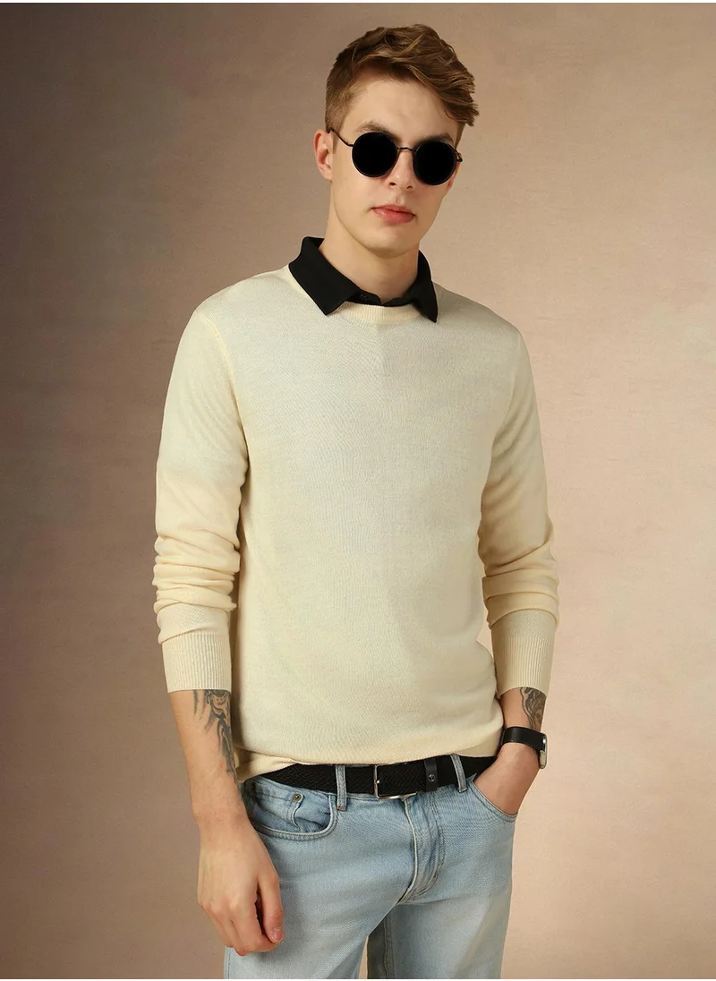 دينيس لينغو Men's Off White 100% Acrylic Solid Regular Fit Sweater
