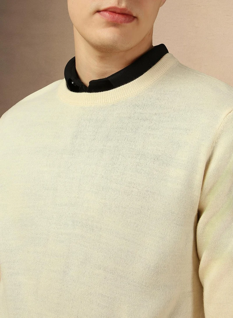 دينيس لينغو Men's Off White 100% Acrylic Solid Regular Fit Sweater