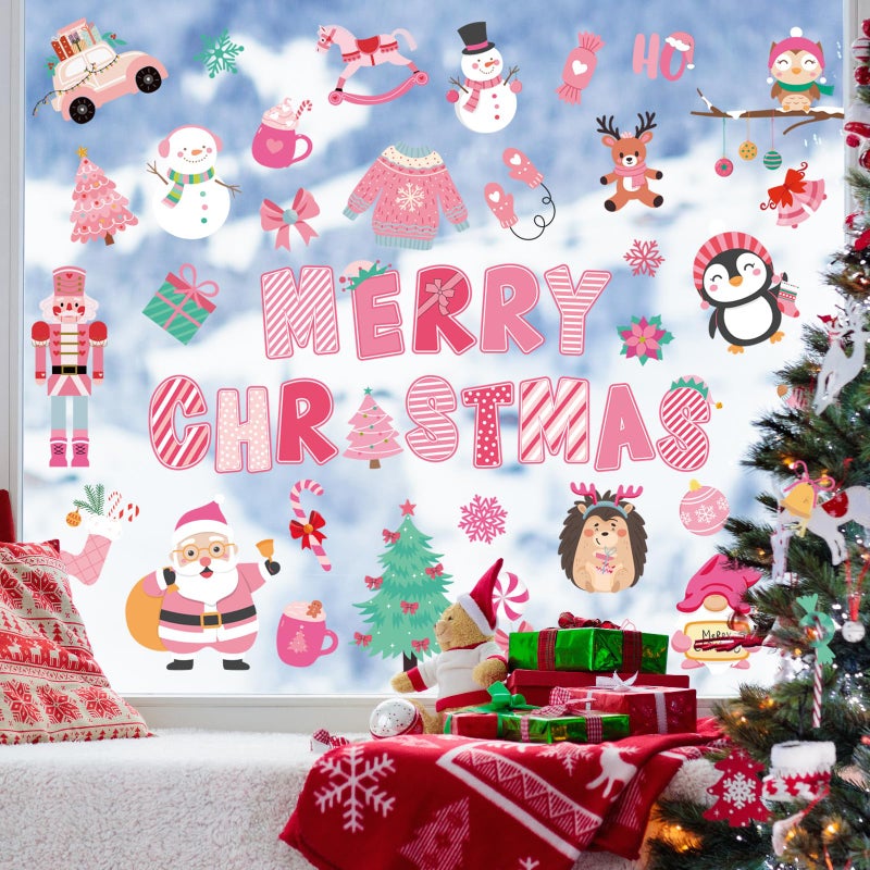 Whaline 9 Sheets Merry Christmas Window Cling Stickers Pink Cartoon Santa Snowman Penguin Reusable Window Decals for Xmas Winter Party Home Office Classroom Decoration - Image 1