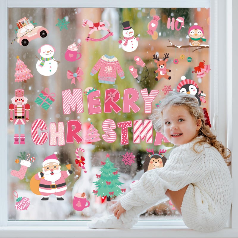 Whaline 9 Sheets Merry Christmas Window Cling Stickers Pink Cartoon Santa Snowman Penguin Reusable Window Decals for Xmas Winter Party Home Office Classroom Decoration - Image 5