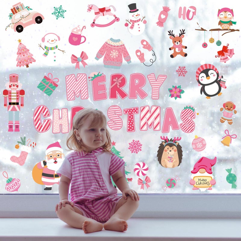 Whaline 9 Sheets Merry Christmas Window Cling Stickers Pink Cartoon Santa Snowman Penguin Reusable Window Decals for Xmas Winter Party Home Office Classroom Decoration - Image 3