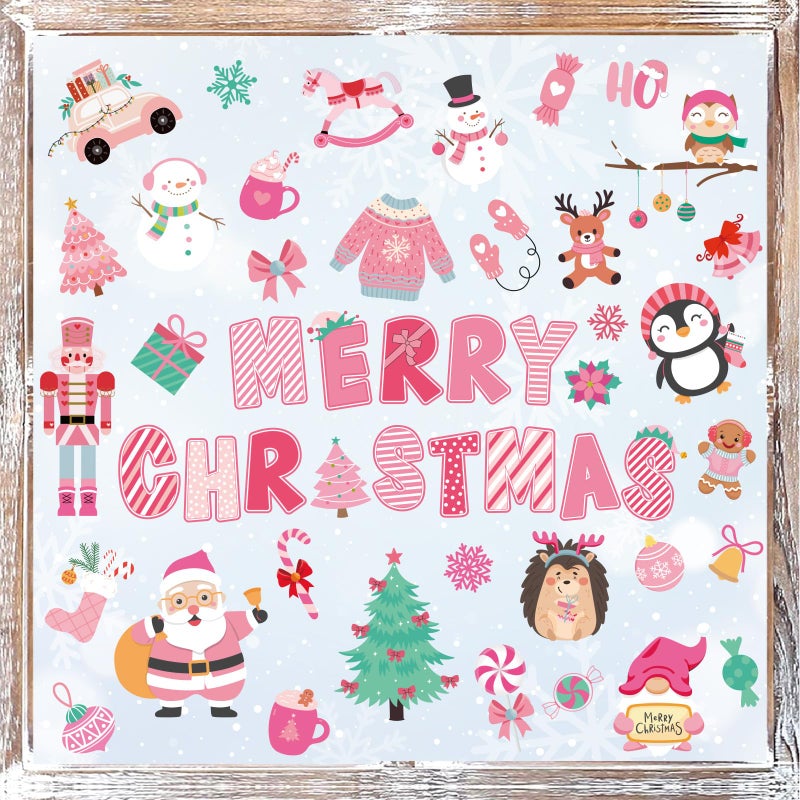 Whaline 9 Sheets Merry Christmas Window Cling Stickers Pink Cartoon Santa Snowman Penguin Reusable Window Decals for Xmas Winter Party Home Office Classroom Decoration - Image 4