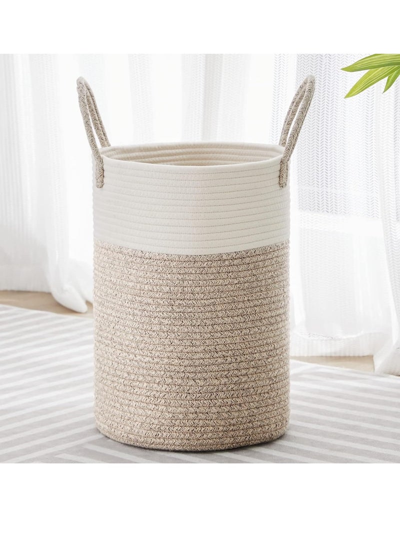 Gonice Tall Laundry Hamper, Woven Rope Storage Basket for Blanket, Toys, Dirty Clothes in Living Room, Bathroom, Bedroom - 30L White & Brown - Image 1