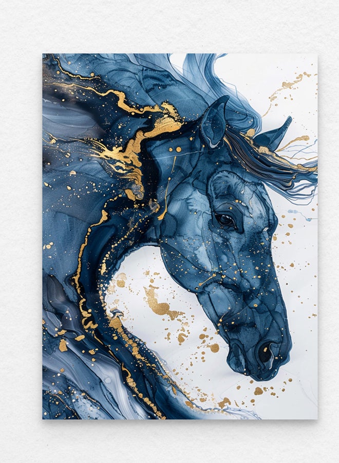 Art Decor Watercolor Fluid Ink Art Horse Design in Blue and Gold Wall Art Framed Fine Art Wall Décor for Living Room Bedroom Dining Room Gifting - Image 1