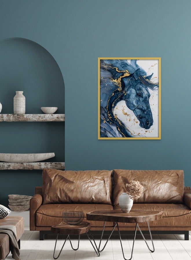 Art Decor Watercolor Fluid Ink Art Horse Design in Blue and Gold Wall Art Framed Fine Art Wall Décor for Living Room Bedroom Dining Room Gifting - Image 3