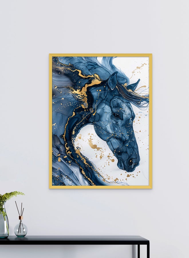 Art Decor Art Decor Watercolor Fluid Ink Art Horse Design in Blue and Gold Wall Art Framed Fine Art Wall Décor for Living Room Bedroom Dining Room Gifting - Image 1