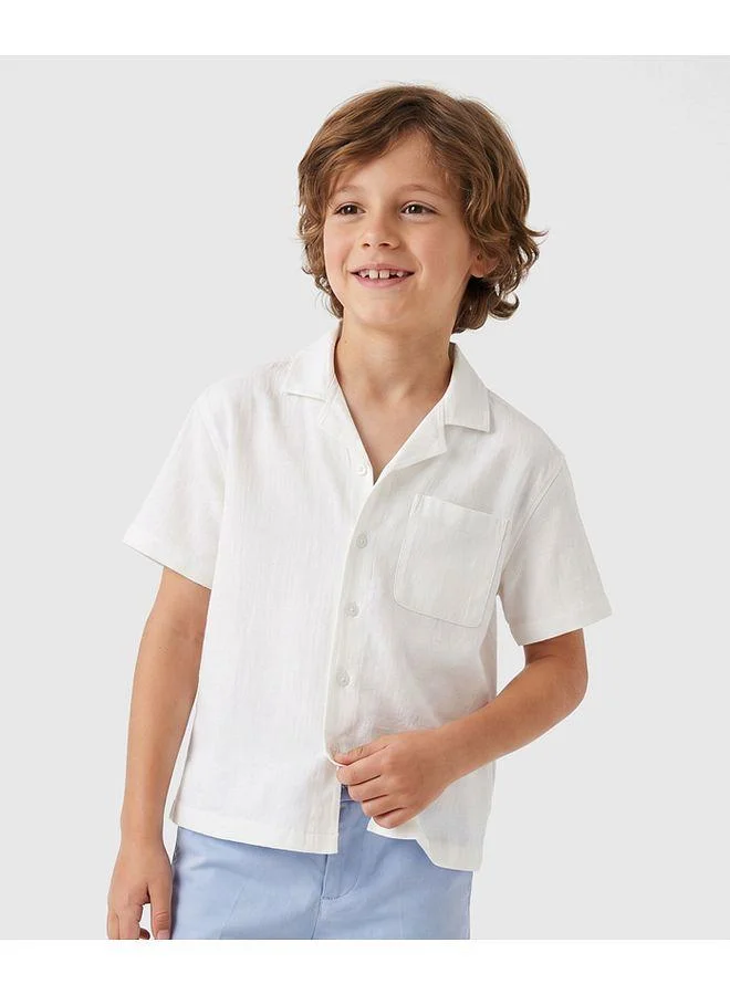 Primo Gino Primo Gino Woven 100% Cotton Slub Resort Collar Dropped Shoulder Shirt - White