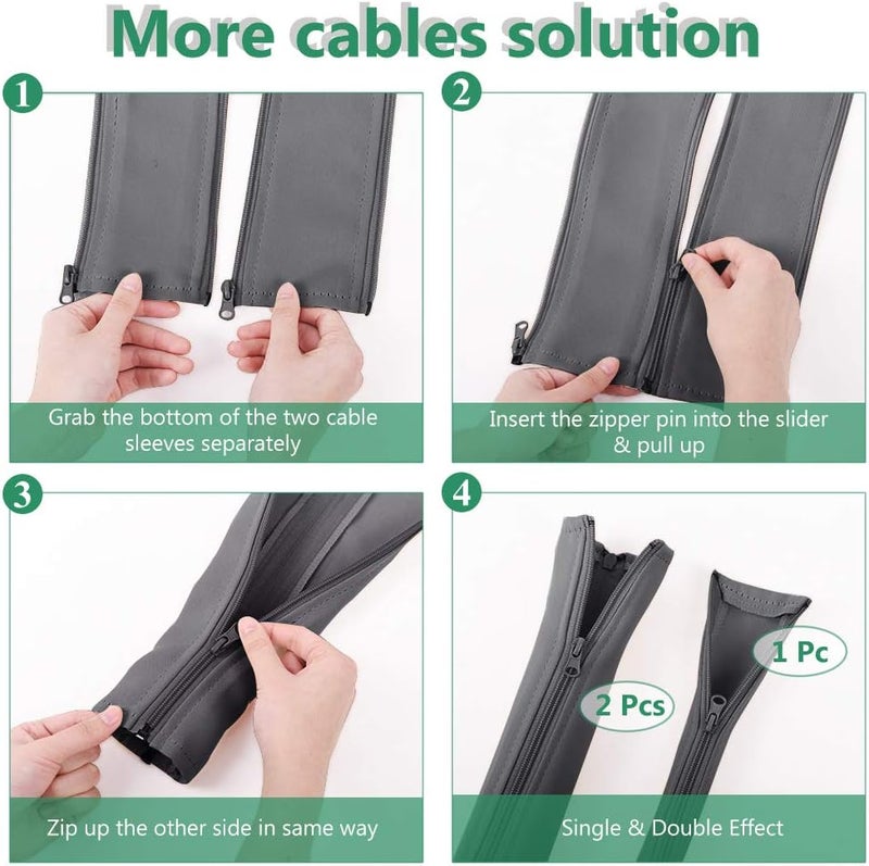 StangH Cable Management Sleeve Organizer - 19 Inch Home and Office Zip-up Cable Sleeve Wire Organizer Flexible Cord Concealer Wrap, Electrical Cord Covers for TV/Computer/Desk, 4 Pieces -Grey - Image 4