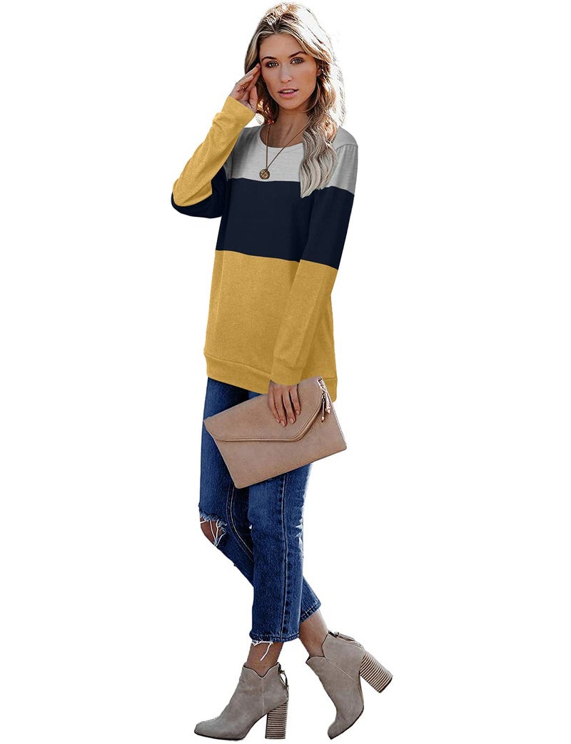 CRAZY GRID Womens Long Sleeve Shirts Casual Trendy Color Block Sweatshirt Ladies Soft Crewneck Loose Fit Fall Tops Lightweight L Blue Yellow Gray - Image 3