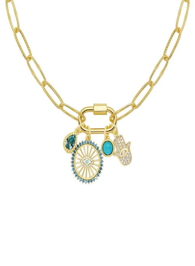 Milla 14K Gold Charm Necklace for Women, 18 inches Paperclip Chain and 2 inches Extension, with Pendants on Carabiner. Safe and Hypoallergenic (Evil Eye - Hamsa - Turquoise) - Image 1