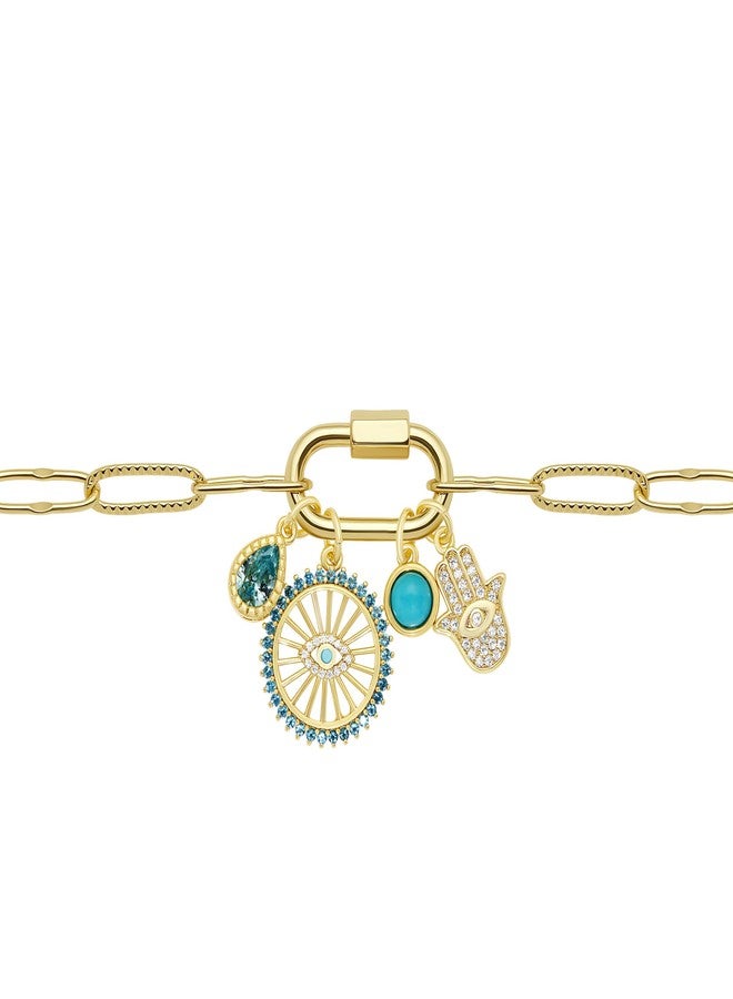 Milla 14K Gold Charm Necklace for Women, 18 inches Paperclip Chain and 2 inches Extension, with Pendants on Carabiner. Safe and Hypoallergenic (Evil Eye - Hamsa - Turquoise) - Image 4