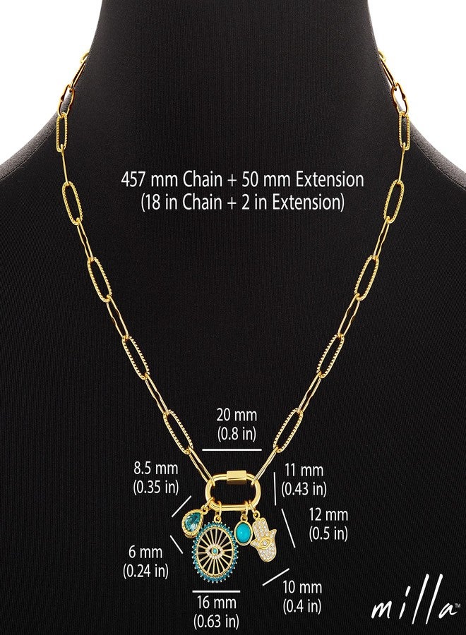 Milla 14K Gold Charm Necklace for Women, 18 inches Paperclip Chain and 2 inches Extension, with Pendants on Carabiner. Safe and Hypoallergenic (Evil Eye - Hamsa - Turquoise) - Image 3